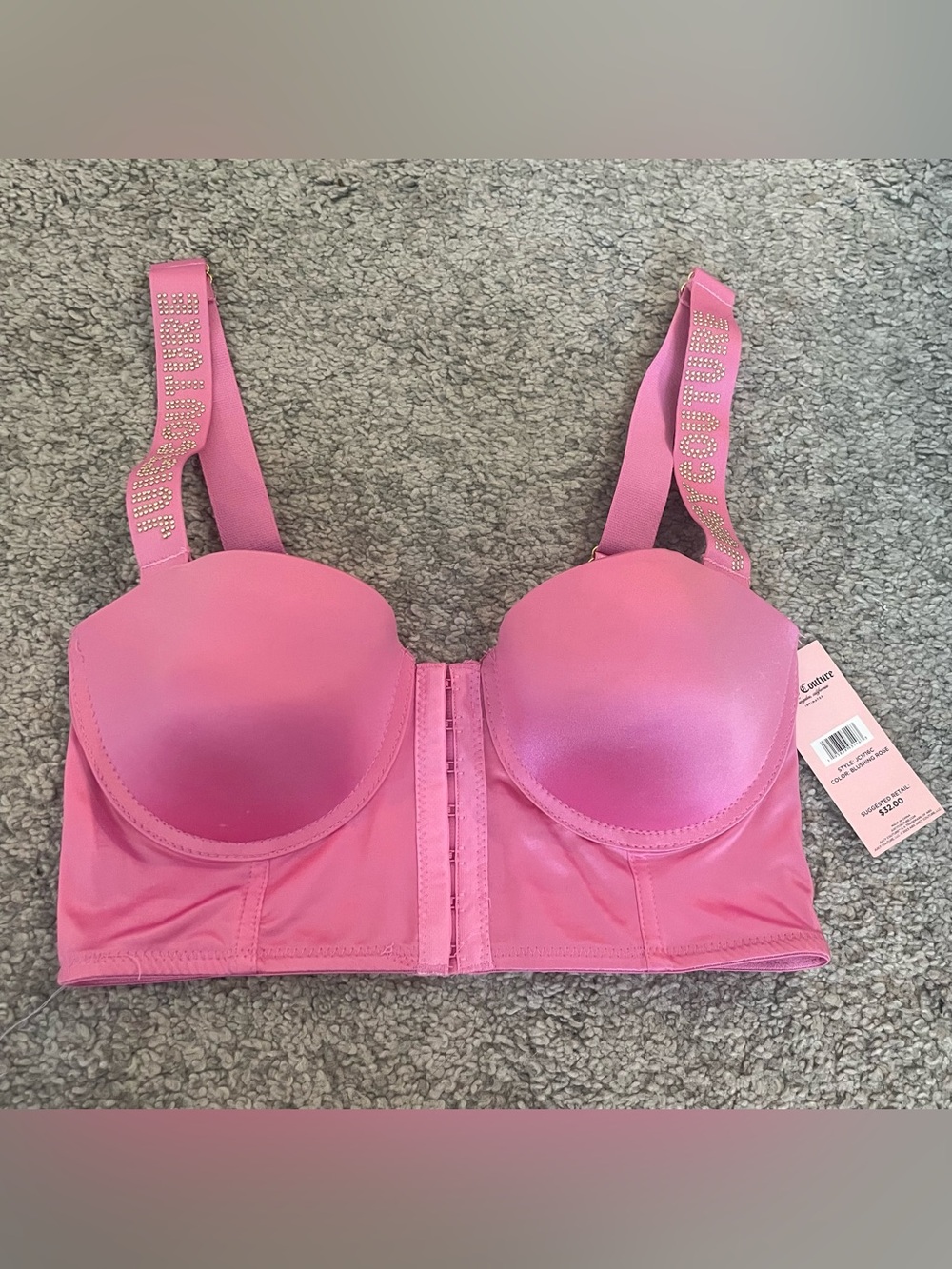 Juicy Couture Pink Longline Padded Bra with Rhinestone Logo Straps 34B NWT